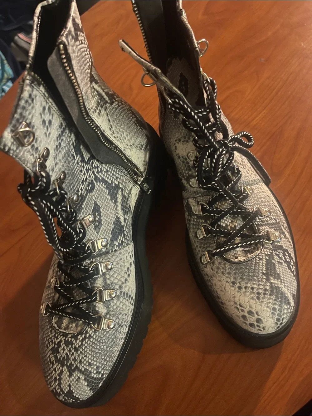 Snake-Print Lace-Up Ankle Boots - Black/Gray